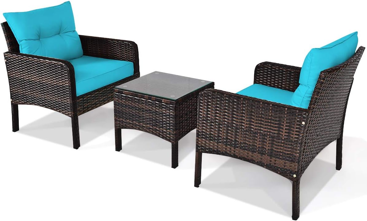 Tangkula 3 Piece Outdoor Patio Furniture Set, Wicker Chairs Set with Glass Top Coffee Table, Thick Cushions