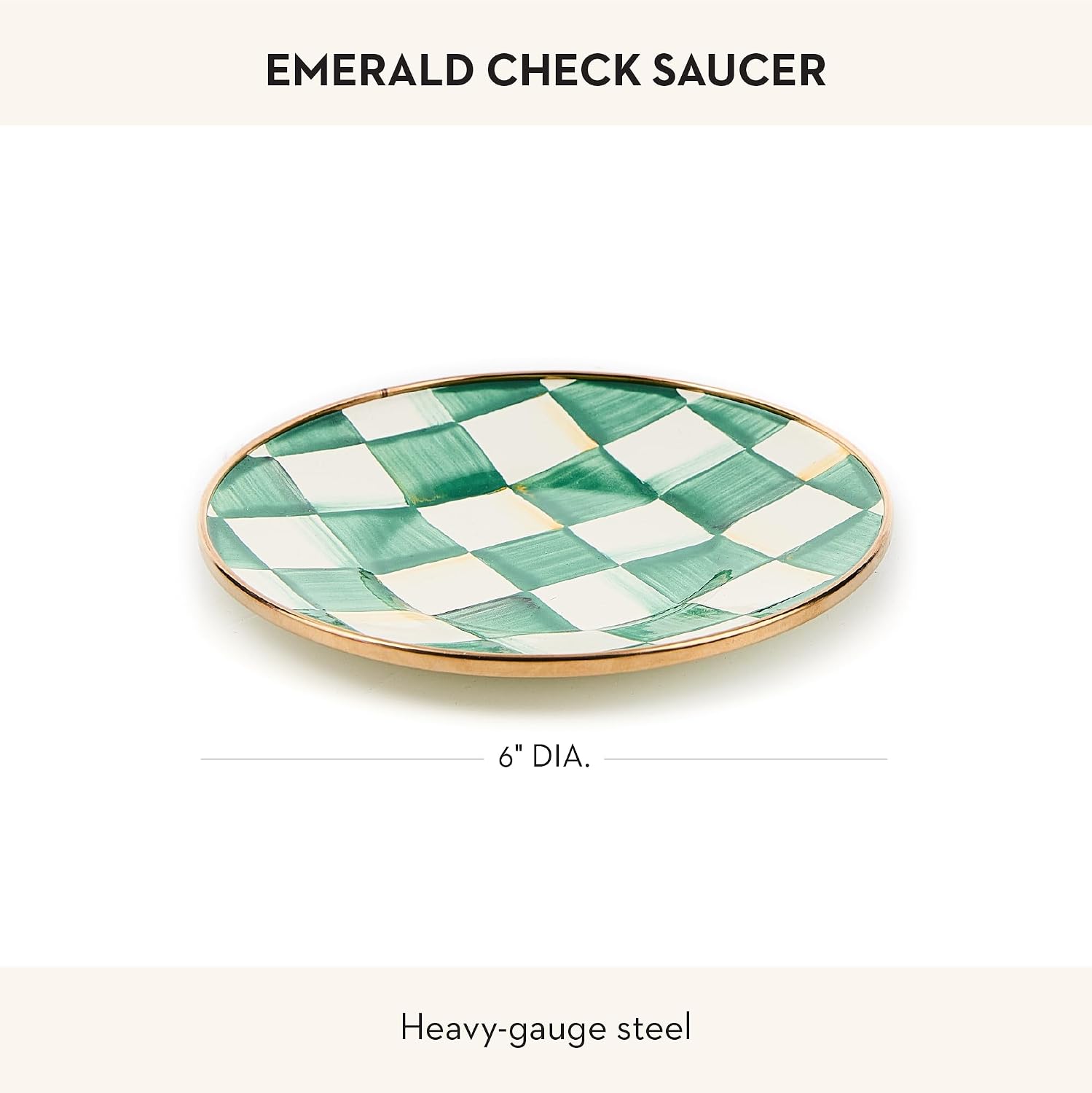 MACKENZIE-CHILDS Enamel Saucer, Black-and-White Courtly Check | Hand-painted design, made from enameled steel, small plate for a coffee cup or teacup, 6" dia.