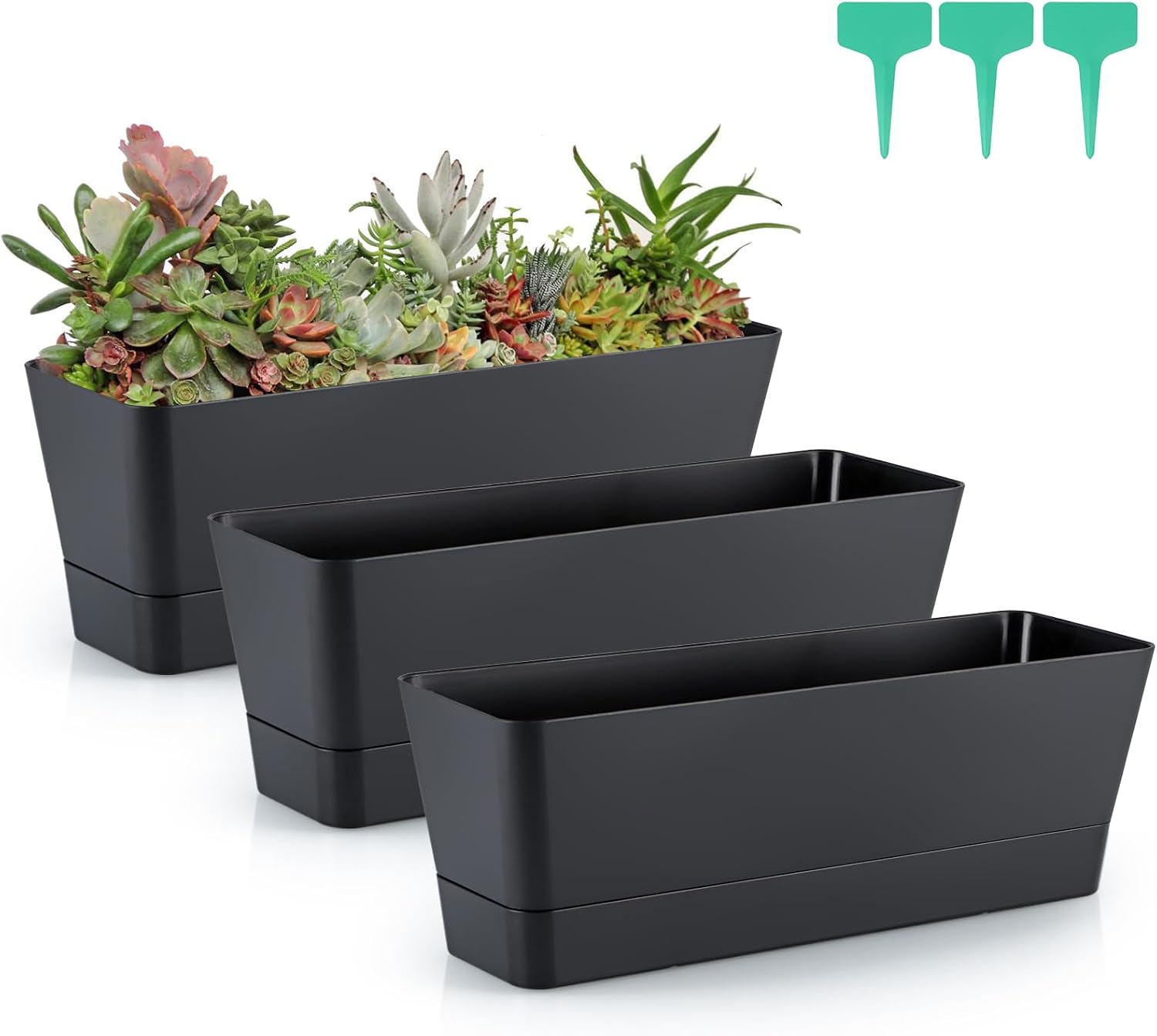 Skelang 3 Pcs Rectangular Plant Pot, 12" Watering Container with Drainage Hole, Window Planter Box with Saucer for Succulents, Flowers, Indoor Plants