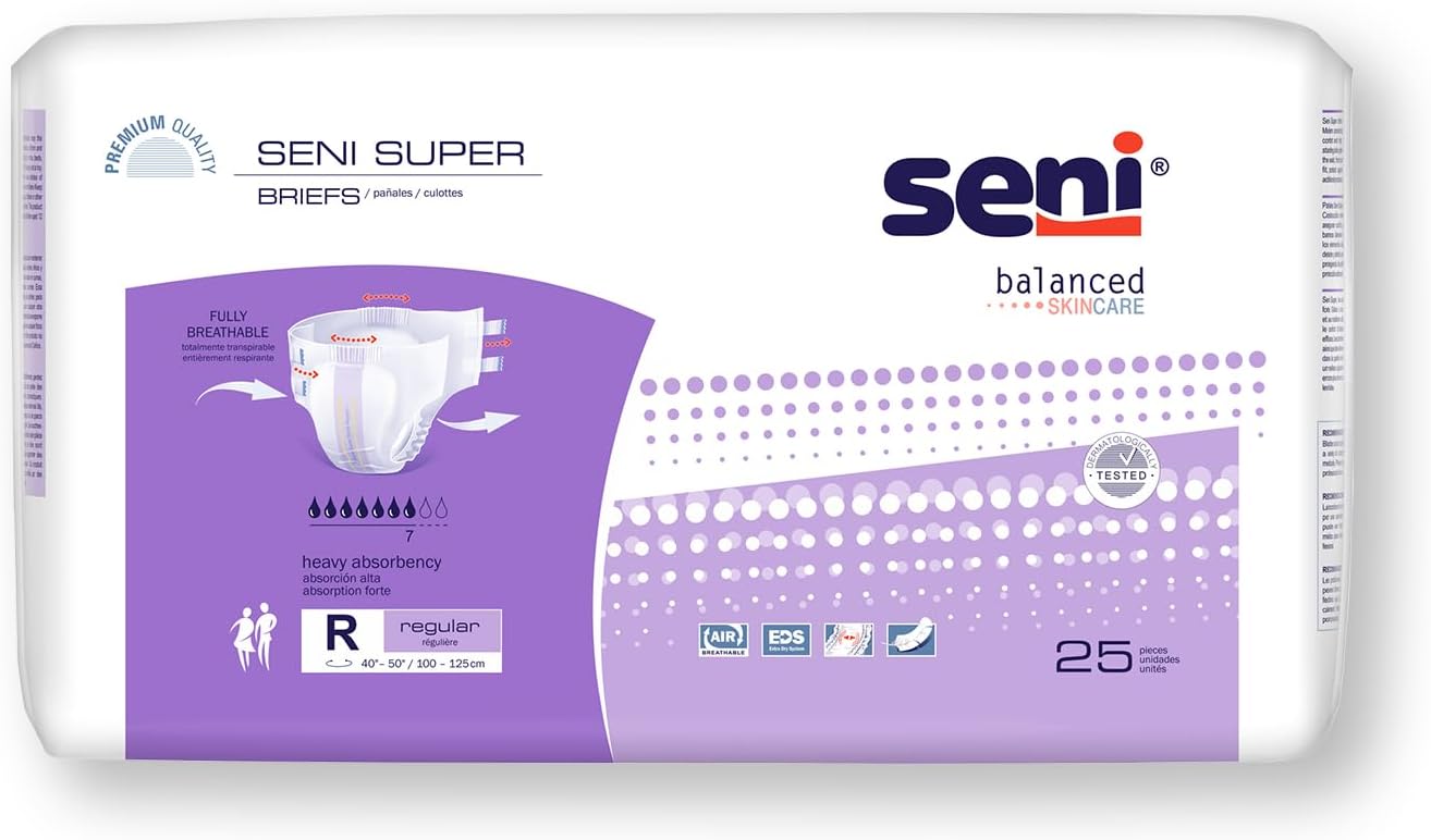Seni Super Unisex Adult Incontinence Briefs with Tabs, 45-59 in, 75 ct | Breathable, Disposable Brief for Men & Women