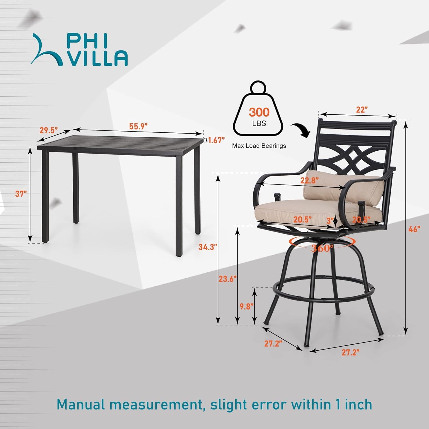PHI VILLA Outdoor Bar Set 3 PCS Patio Bistro Table & Swivel Stools