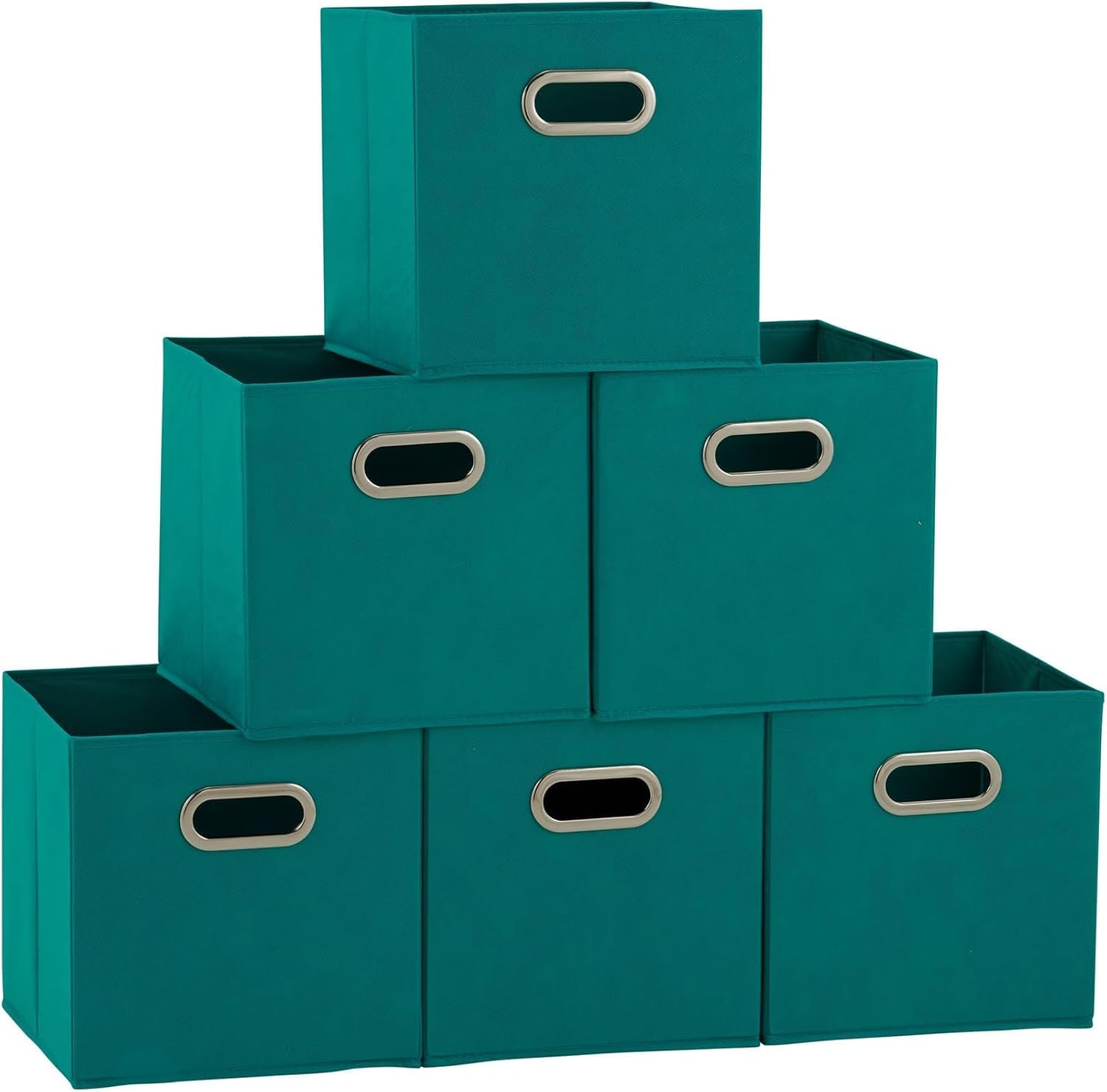 Household Essentials Fabric Storage Bins 6 Piece Set, Strong Poly-Woven Fabric, Sturdy Chipboard Sides, Grommet Front Handle, Stackable and Foldable, Classic Design, Navy