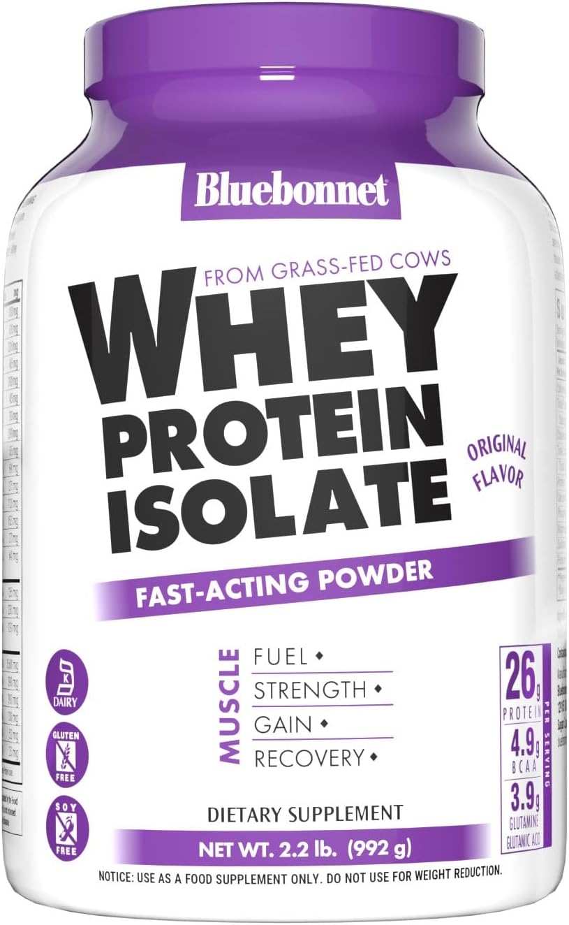 Bluebonnet Nutrition Whey Protein Isolate Powder, Whey from Grass Fed Cows, 26 Grams of Protein, No Sugar Added, Gluten Free, Soy Free, Kosher Dairy, 2.2 lbs, 32 Servings, Original Unflavored | Kosher