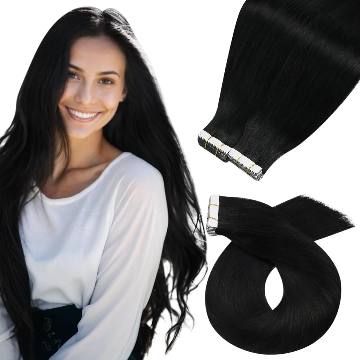 Moresoo Black Tape in Hair Extensions Human Hair, 18 Inch, 20Pcs, 50g