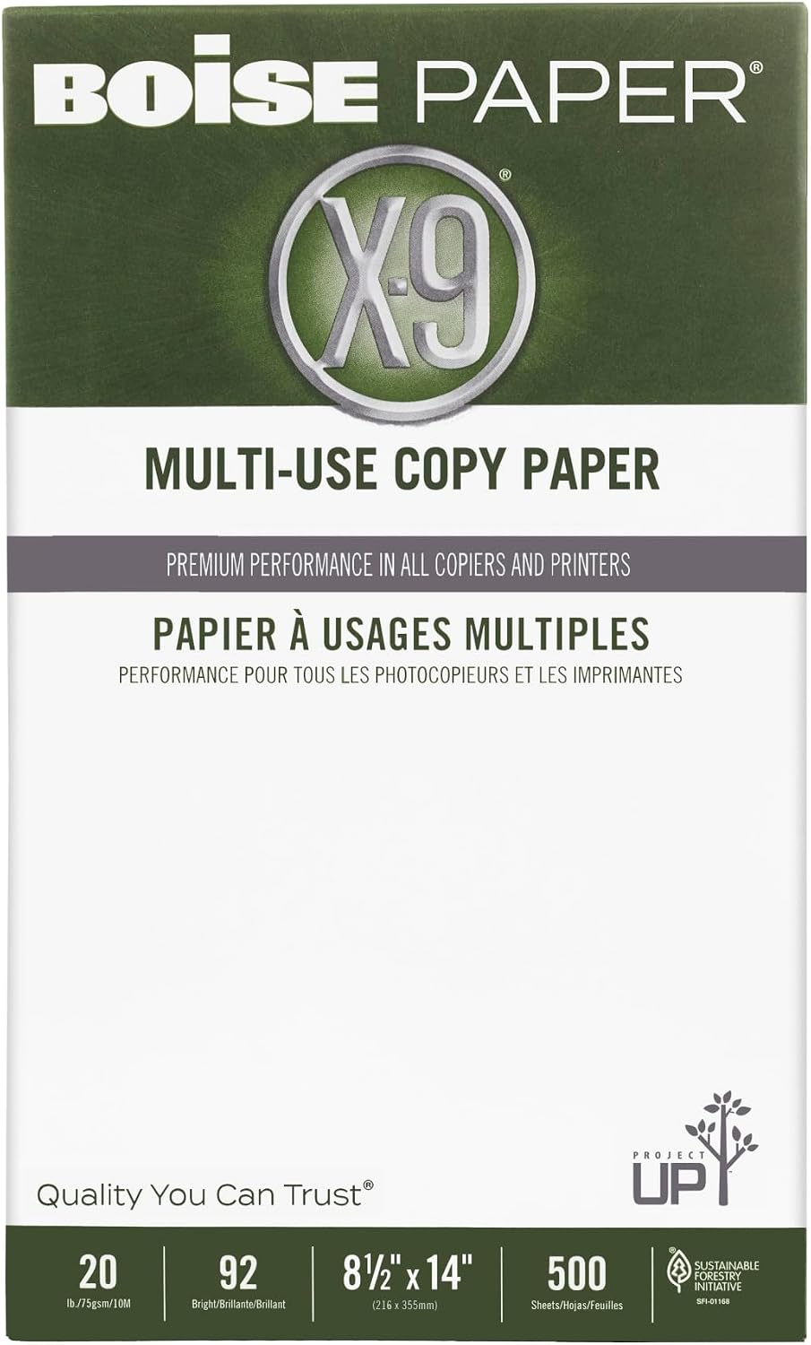 Boise® X-9® Multi-Use Printer & Copy Paper, 10 Reams, White, Legal (8.5" x 14"), 5000 Sheets Per Case, 20 Lb, 92 Brightn