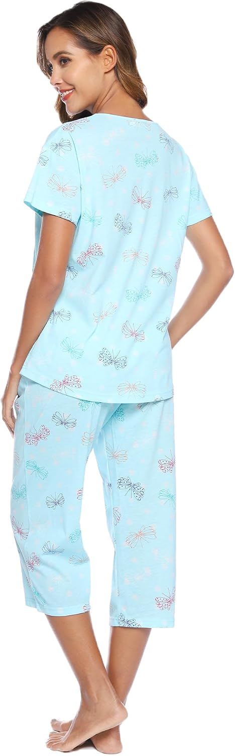 ENJOYNIGHT Womens Pajama Set Cotton Short Sleeve Top With Capri Pants Pj
