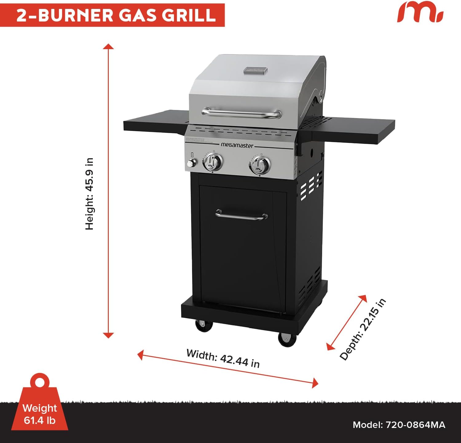 Megamaster Deluxe 2 Burner Gas Grill, Foldable Shelves with Warming Rack | Offers 28000 BTU, Built-In Thermometer, Electronic Ignition