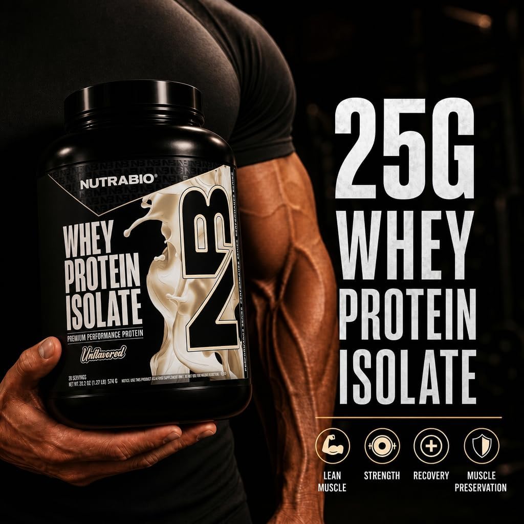 NutraBio 100% Whey Protein Isolate Protein Powder, 25g Protein with Complete Amino Acid Profile, Non-GMO, Soy & Gluten Free, Low Carb, Low Calorie Whey Protein Powder, Raw Unflavored, 20 Servings