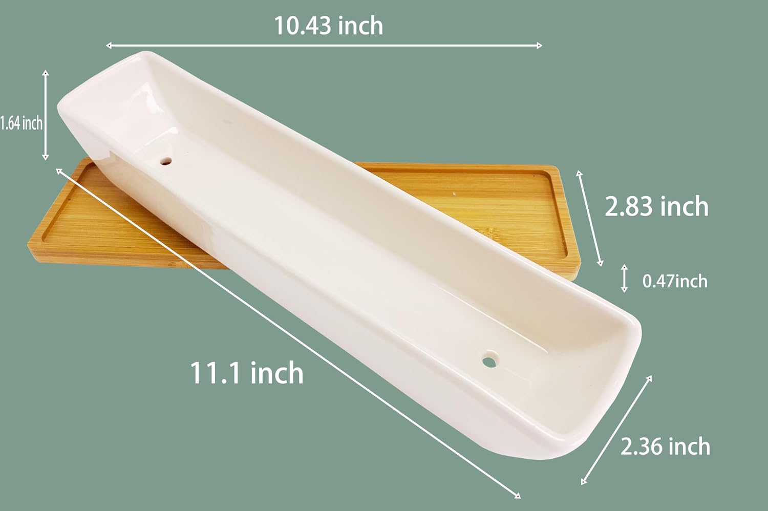 11.1 inch Long Rectangle White Ceramic Succulent Planter Pots/Mini Flower Plant Containers with Bamboo Saucers Plant Window Boxes for Office/Home