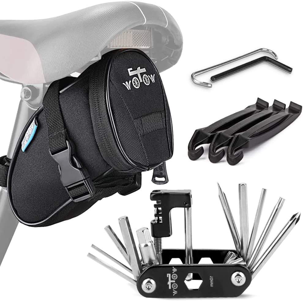14 in 1 Bike Repair Tool Kit & Bike Saddle Bag | Bike Chain Tool Hex Key Wrench Maintain Accessories Multitool Set, Portable Under Seat Bag for Road Mountain Commuter Bicycle