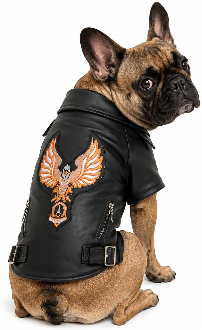 Lovelonglong Cool Dog Leather Jacket, Warm Coats Dogs Windproof Cold Weather Coats for Large Medium Small Dogs with Eagle Embroidery Black XS