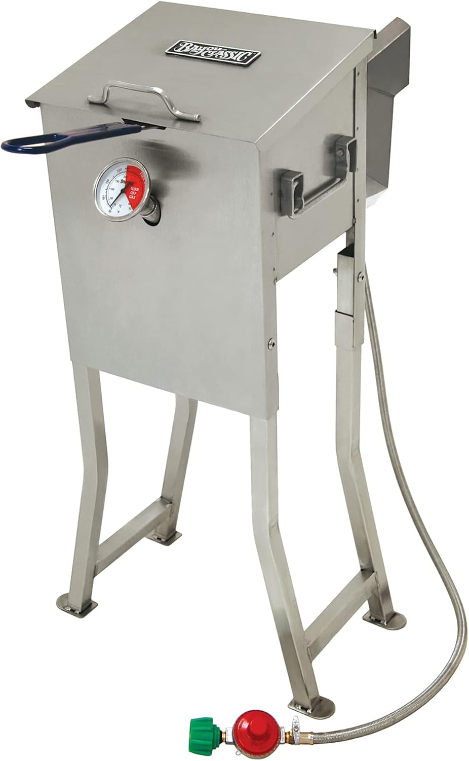 Bayou Classic 700-725 2.5-gal Stainless Bayou Fryer Freestanding or Table Top Includes Stainless Mesh Basket Fry Thermometer Drain Valve High