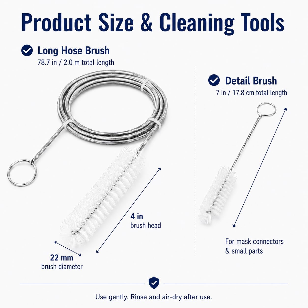 CPAP Cleaning Brush Set, 78.7 in Dual-Ended CPAP Hose Brush for 22 mm & 15 mm Tubing, Tube Cleaning Brush & Hose Cleaner Brush with Detail Brush for Mask