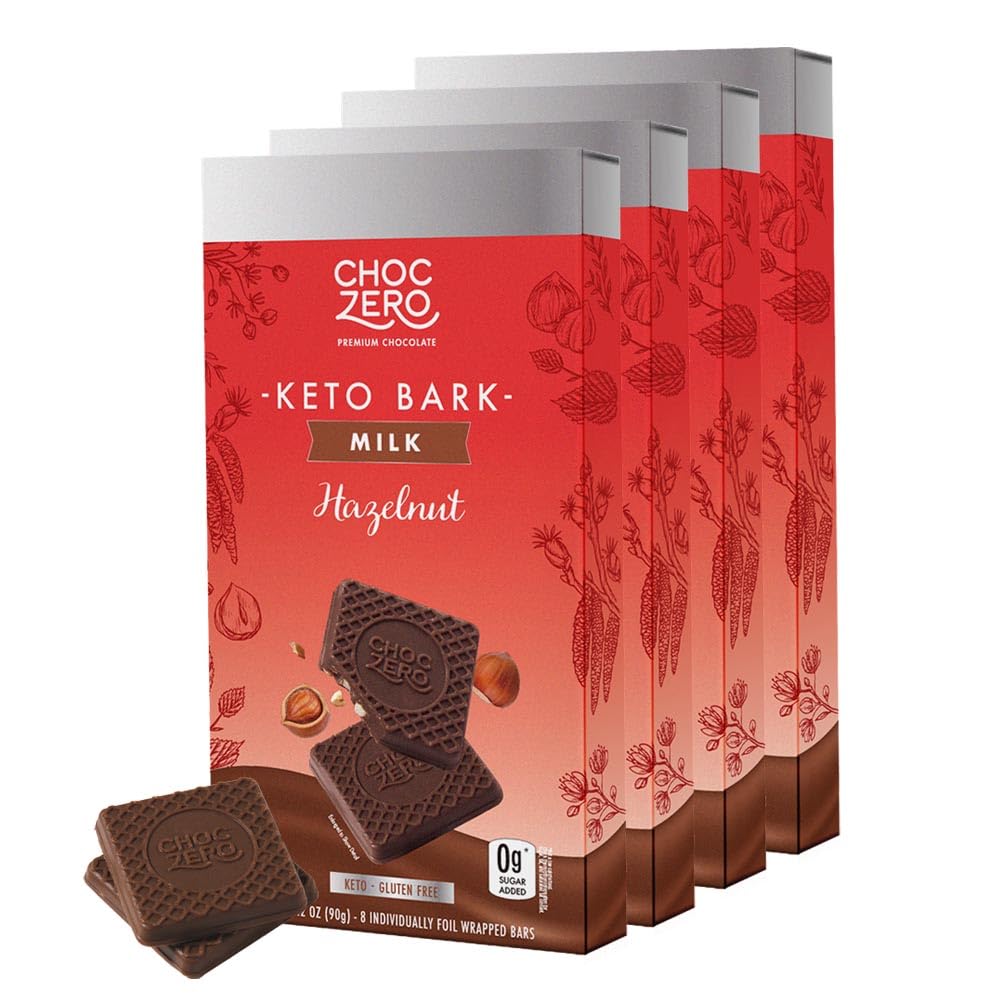 ChocZero Sugar Free Chocolate Candy with Hazelnuts, 4 Pack | No Sugar Alcohols, Keto, Low Carb, High Fiber, Gluten Free, 32 Total Candy Squares
