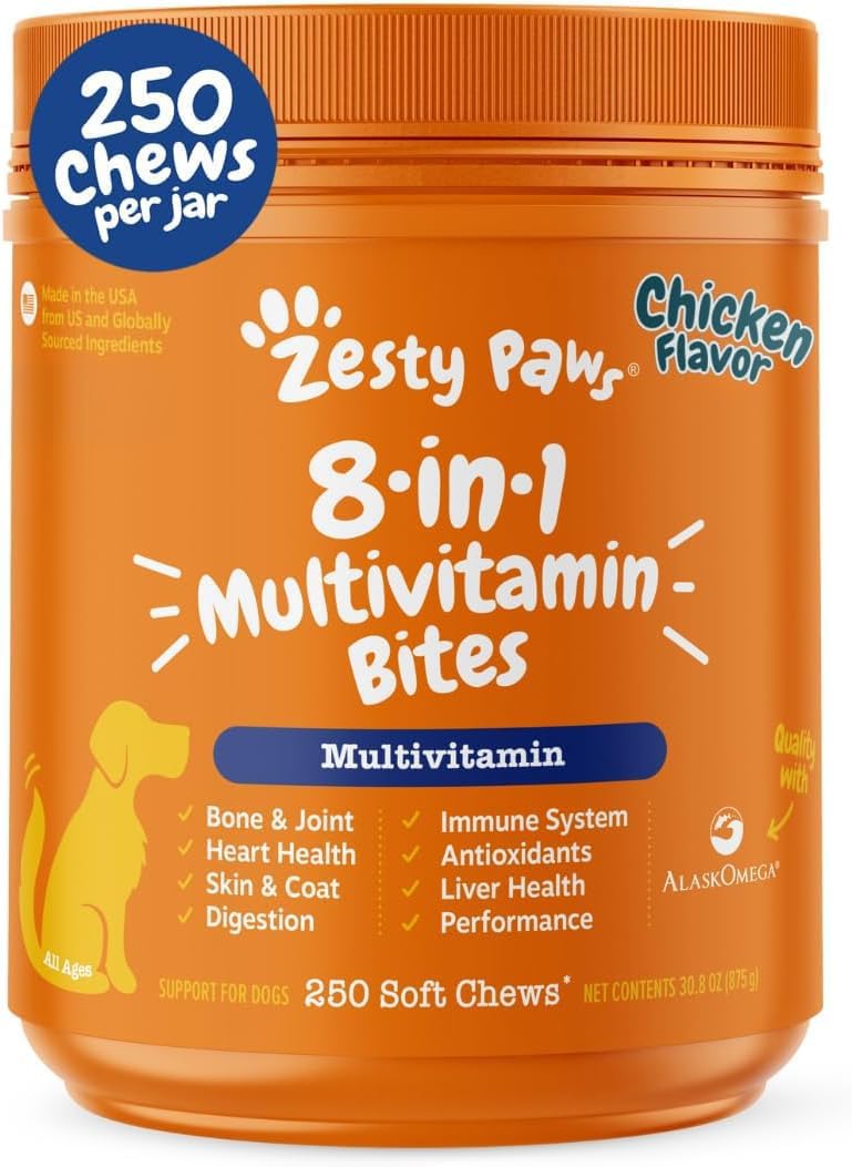 Zesty Paws Dog Multivitamin, Chewable Dog Vitamins and Supplements for Hip & Joints, Skin & Coat, Omega 3 Fish Oil for Dogs- Senior & Puppy Multivitamin- Chicken- 90ct
