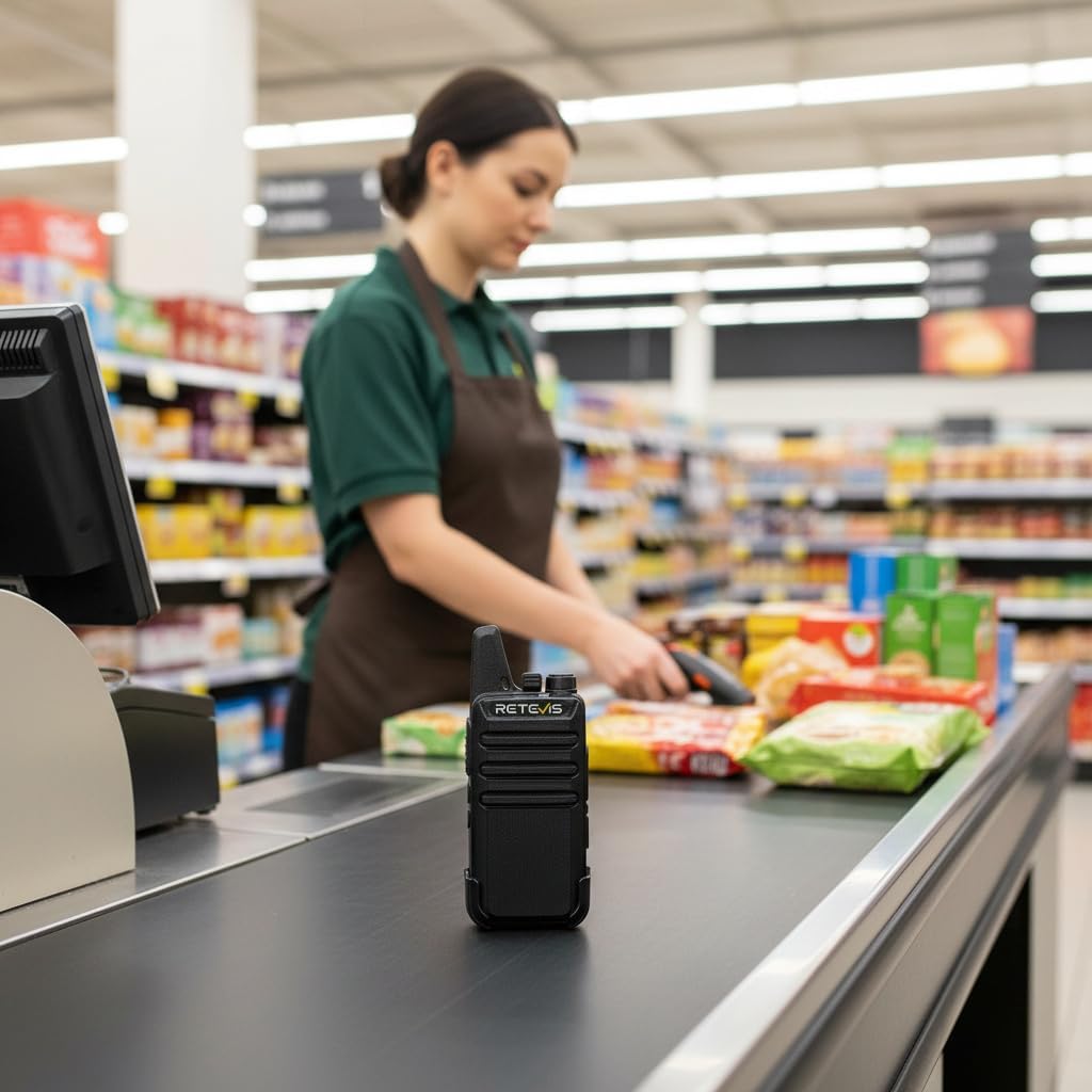 Retevis RT22 Commercial FRS Walkie Talkies Rechargeable Long Range (6 Pack) | Slim & Lightweight 2 Way Radio, For K-12 & Retail, Comfortable for All-Day Wear, Loud & Clear Audio, Charge 6 Radios At Once