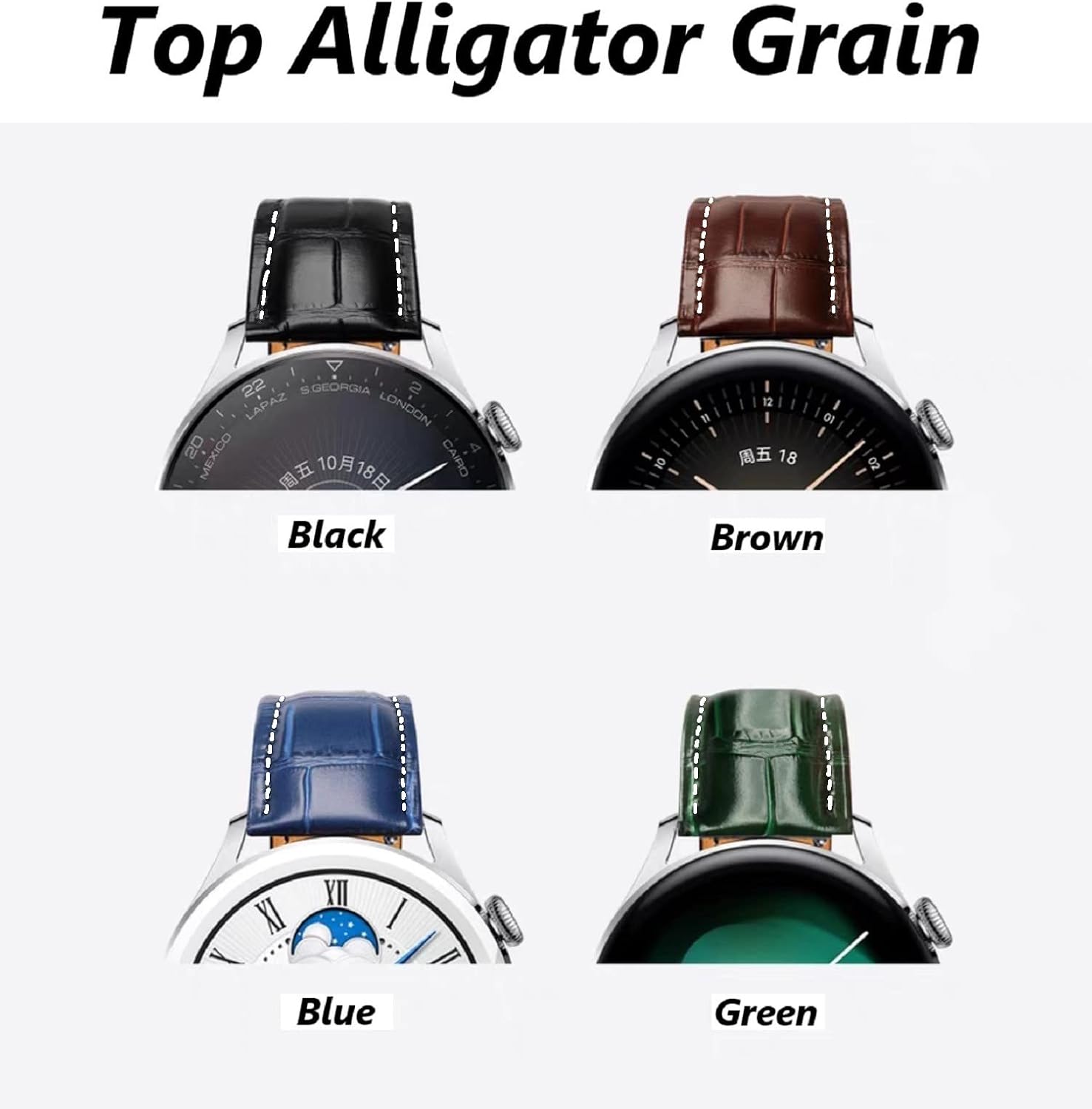 Moran Genuine Leather Watch Band 18mm 19mm 20mm 21mm 22mm 23mm 24mm Calf Grain Watch Strap for Men and Women 18mm Black-Silver Buckle