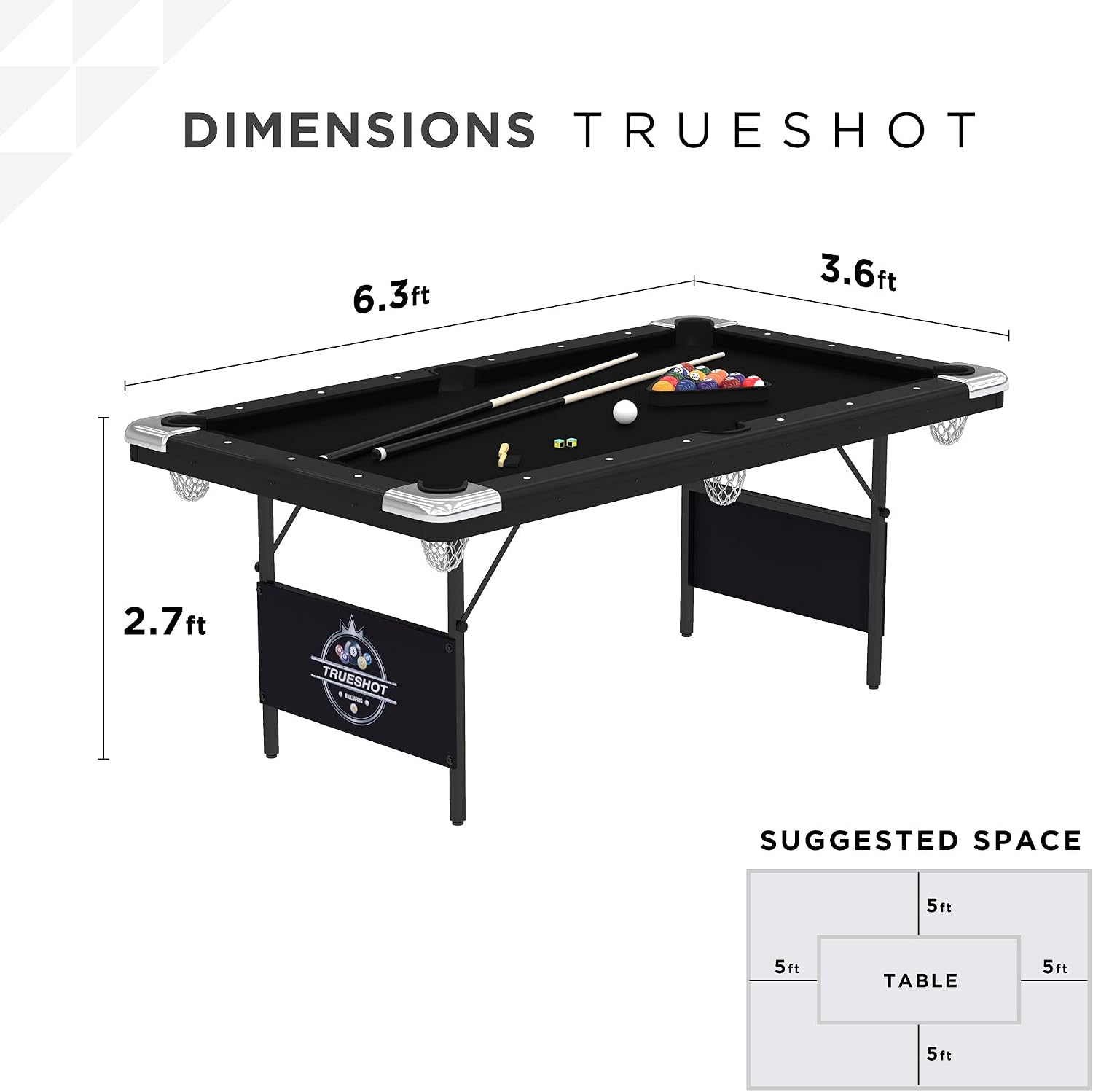 Fat Cat Trueshot 6 Foot Foldable Pool Table, Folding Billiard Table with Leg Levelers, K-818 Bumpers, Space Saving Design, Includes Cues and Balls