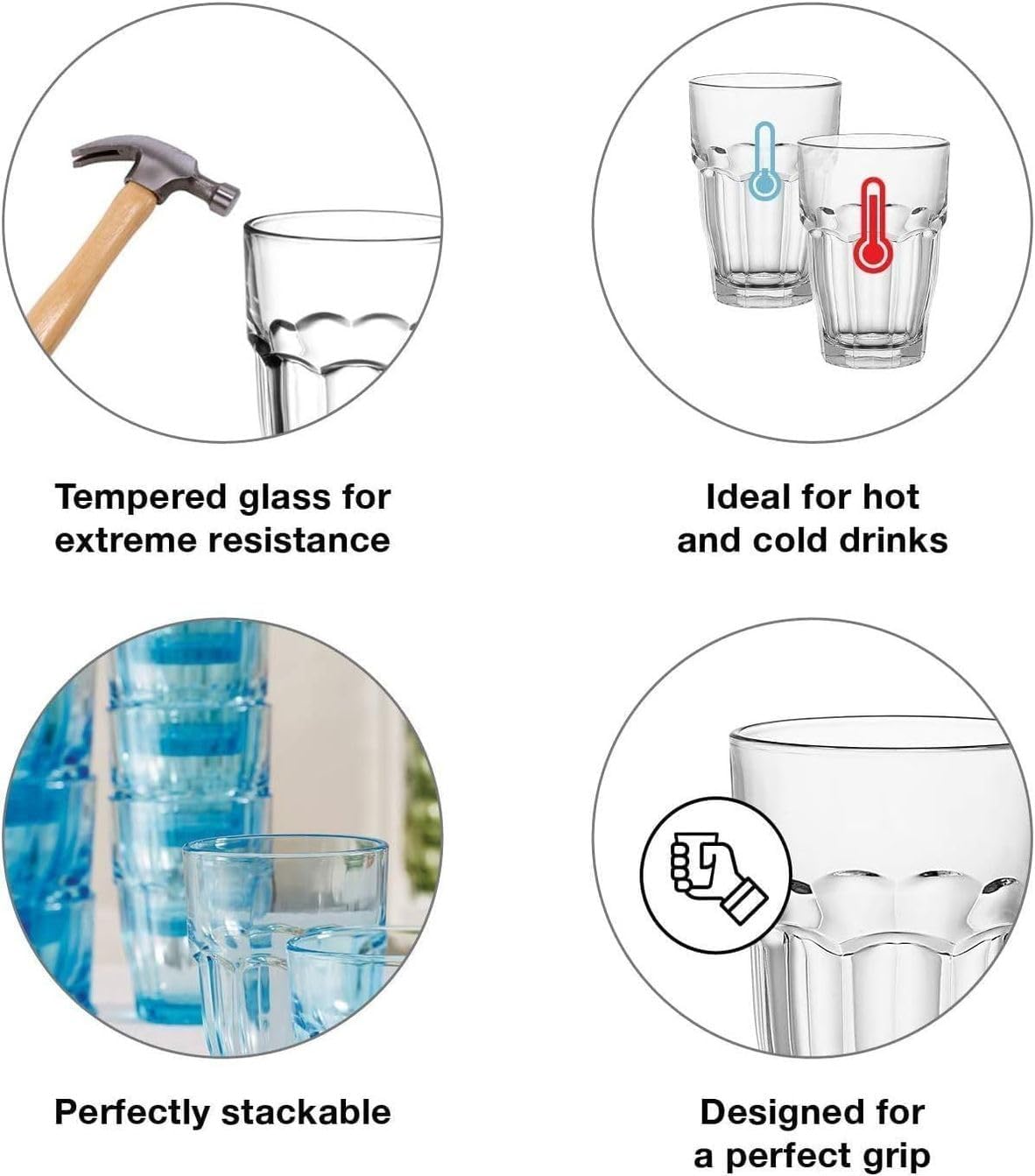 Bormioli Rocco Rock Bar 12.5 oz. Long Drink Stackable Tempered Beverage Glasses for Cold Drinks, Water, and Cocktails, Set of 6, Ice Blue