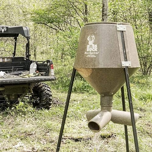 BOSS BUCK 200 LB Deer Feeder/Hunting Durable Lightweight Plastic UV Protected Waterproof Game Feeder with Protein 3 Feed Tubes Head, 12V Spinner Automatic Delivery System & Multi-Piece Legs | Auto feed system for outdoor, wildlife and hunting, 200 pound…