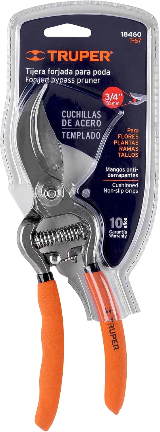Truper Bypass Pruners, 8", Forged, Stainless Steel Blade, Serrated, Ambidextrous, Round Point, Classic, 0.35 kg, Garden Scissors