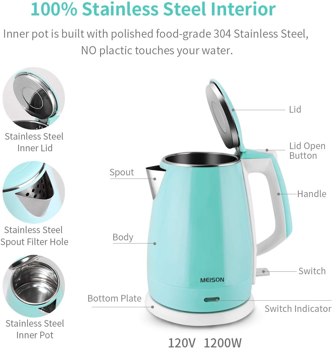 Electric Kettle(BPA Free), Double Wall Water Boiler Heater, Stainless Steel Interior, Cool Touch Coffee Pot & Tea Kettle