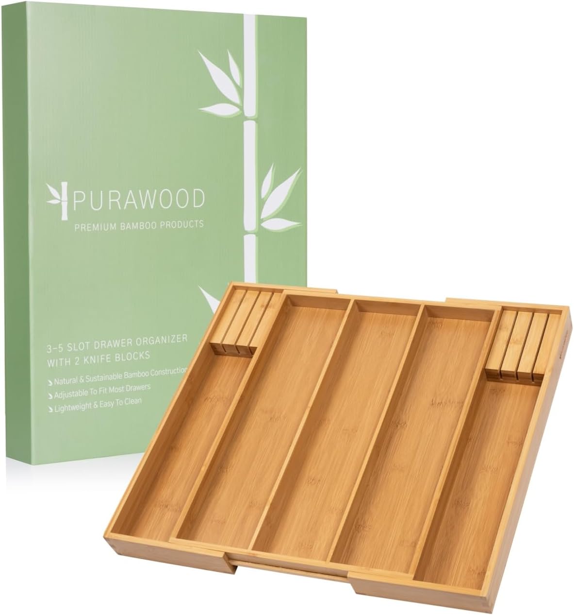 Purawood Kitchen Drawer Organizer - Expandable Utensil Drawer Organizer for Kitchen, Cutlery Tray & Silverware Organizer