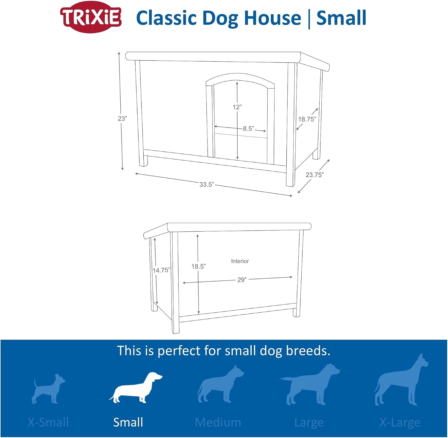 Trixie Natura Classic Dog House - Wooden Outdoor Shelter with Weatherproof Sealer, Hinged Roof & Adjustable Legs for Medium Dogs - Gray - 27 x 41 x 28.5 in