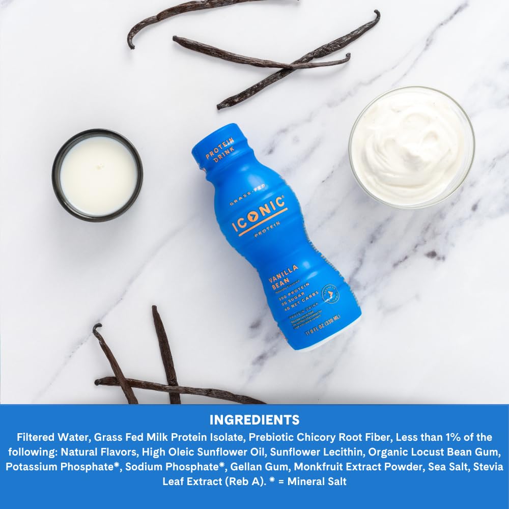 Iconic Protein Drinks, Vanilla Bean (12 Pack) - Sugar Free & Low Carb - 20g Grass Fed Protein - Lactose Free, Gluten Free, Non-GMO, Kosher - Keto Friendly Protein Shakes