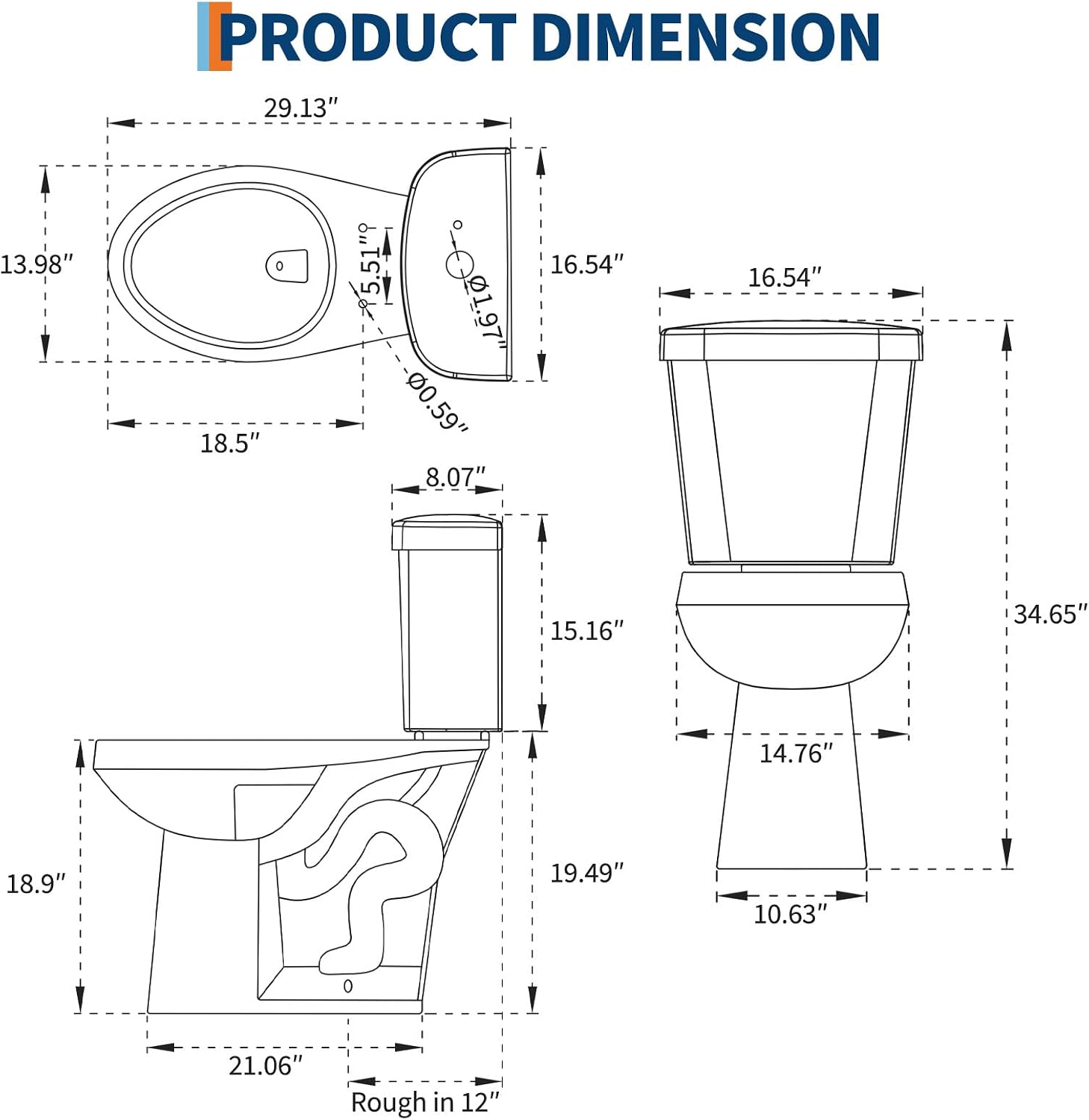 Two-Piece Toilets for Bathrooms, Comfort ADA Toilet with 19" Height, Elongated with Soft Close Seat, Power Flush 1.28 GPF