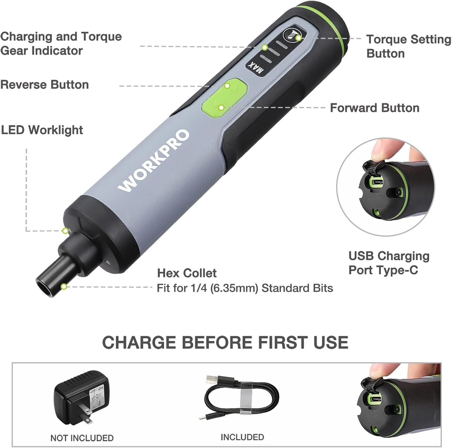 WORKPRO 4V Electric Screwdriver, Rechargeable Cordless Screwdriver Set with 35 Bits, Extension Rod, USB Charging Cable in Carrying Case, LED Light