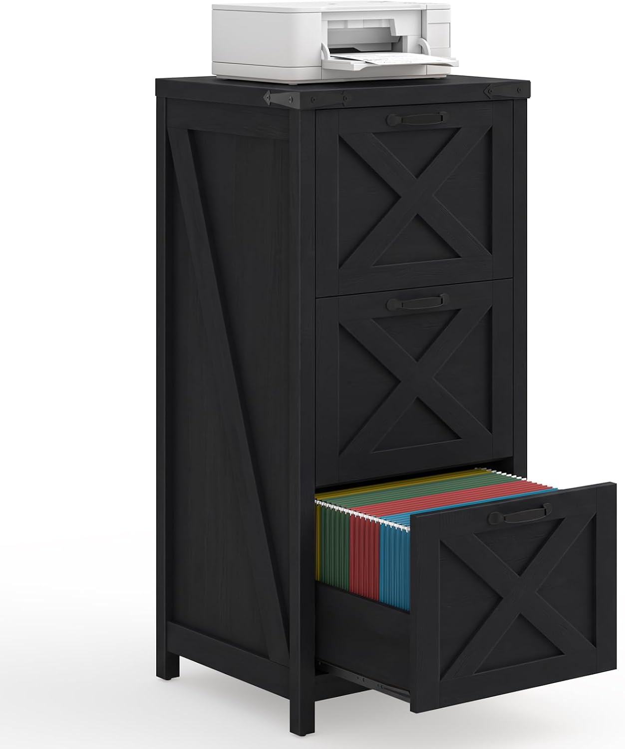 3 Drawers Tall Farmhouse File Cabinet with Wheels for Home Office, Black | Halitaa Vertical Filing Cabinet Fits Letter/A4 Size, Rolling File Cabinet Wooden Printer Stand for Home Office