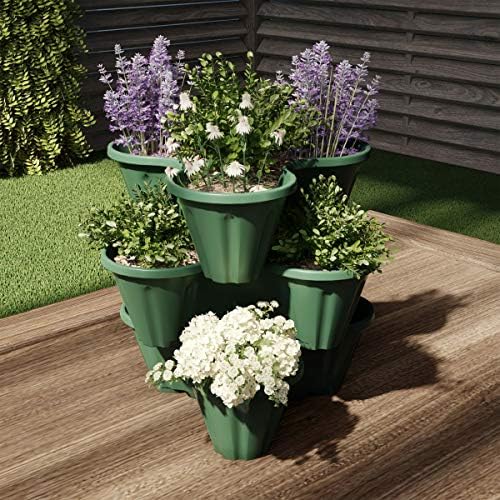 Set of 3 Stacking Planter Tower - 3-Tier Space Saving Flower Pots - Indoor/Outdoor Vertical Herb and Vegetable Planter by Pure Garden (Hunter Green)