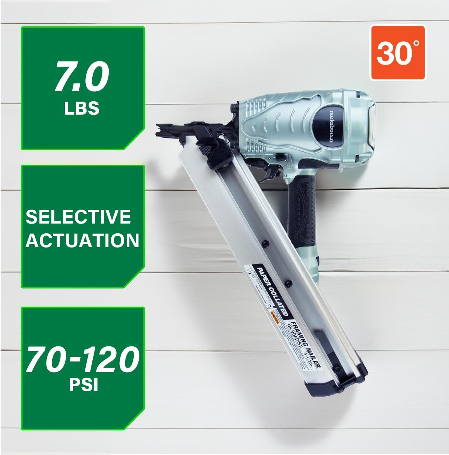 Metabo HPT Framing Nailer 30° Paper Collated Nails Framing Tool, NR90ADS1 | Roof Decking, Housing Construction, Truss Build-Up, Flooring Use