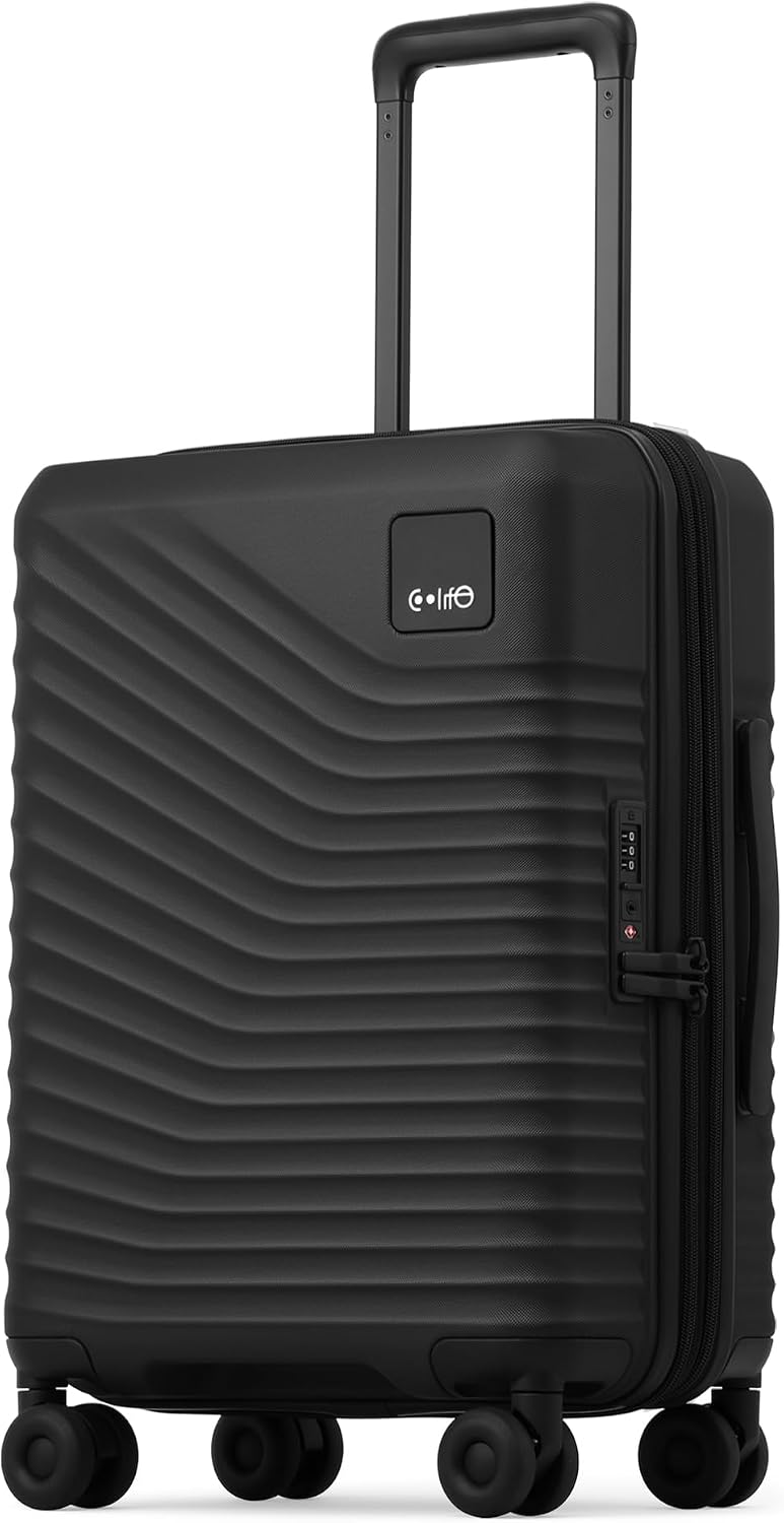 Coolife Luggage Carry-On, Lightweight PC Hardside Suitcase, 20-Inch, Black | Expandable Carry-On, Dual Spinner Wheels, TSA-Approved Lock, Upgraded PC Hardshell, Durable Travel Suitcase