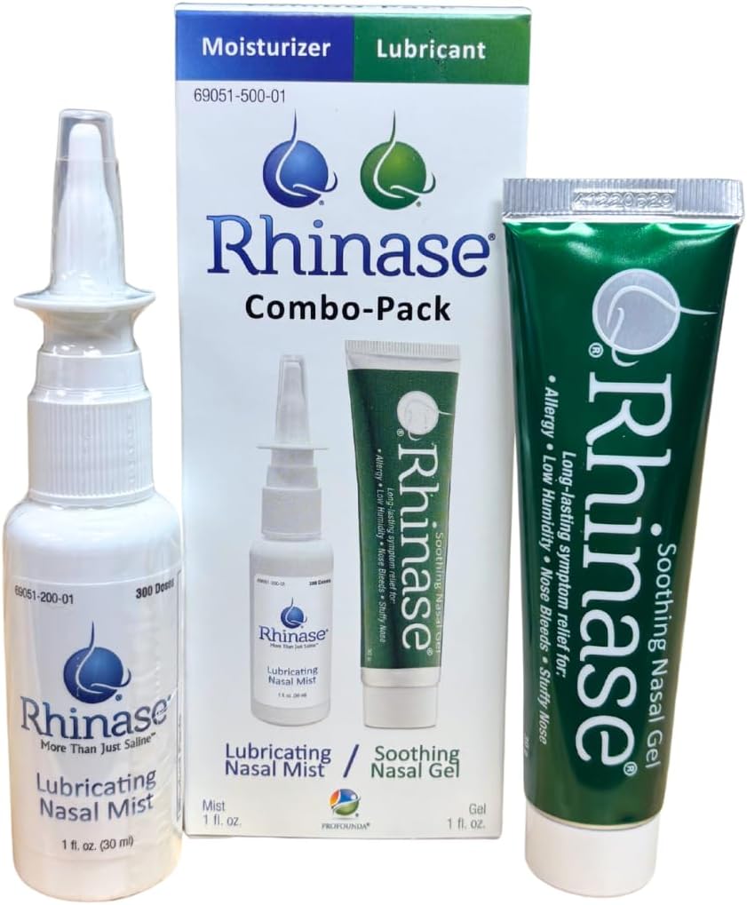 Rhinase Nasal Care Combo Pack - Nasal Gel (1 oz) & Saline Spray (1 oz) for Dryness, Allergy Relief & Nosebleed Prevention, Aloe-Free & pH Balanced