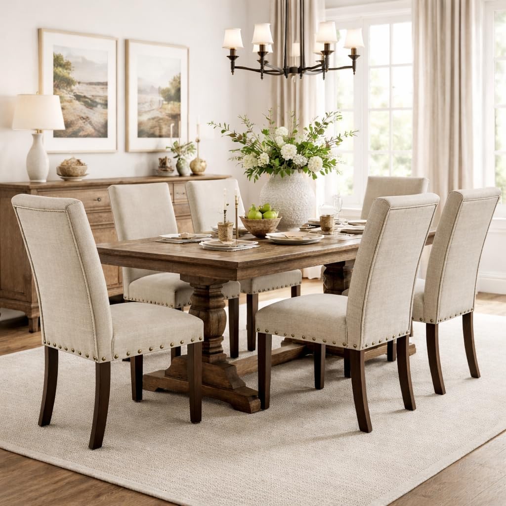 Homepop Home Decor | Classic Upholstered Parsons Dining Chairs | Set of 2 Accent Dining Chairs with Nailhead Trim, Natural Linen