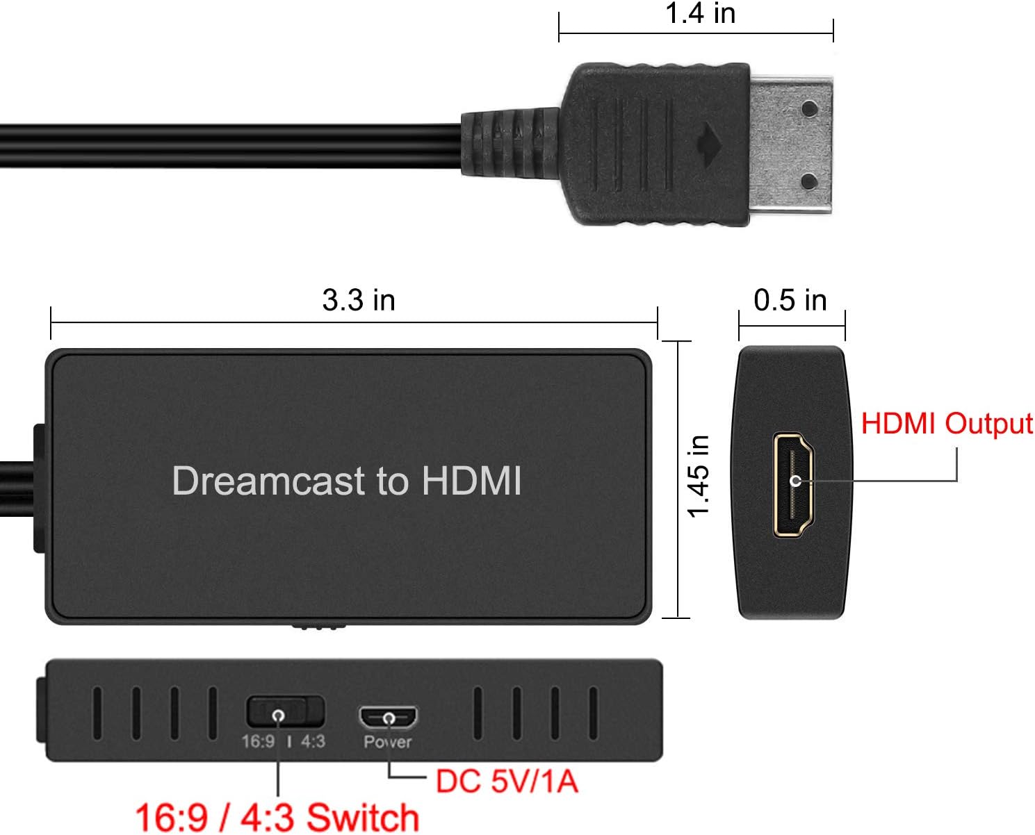 Sega Dreamcast to HDMI Converter Supports 16:9/4:3 switching, Plug and Play HD HDMI Cable for Sega Dreamcast (Sega DC)