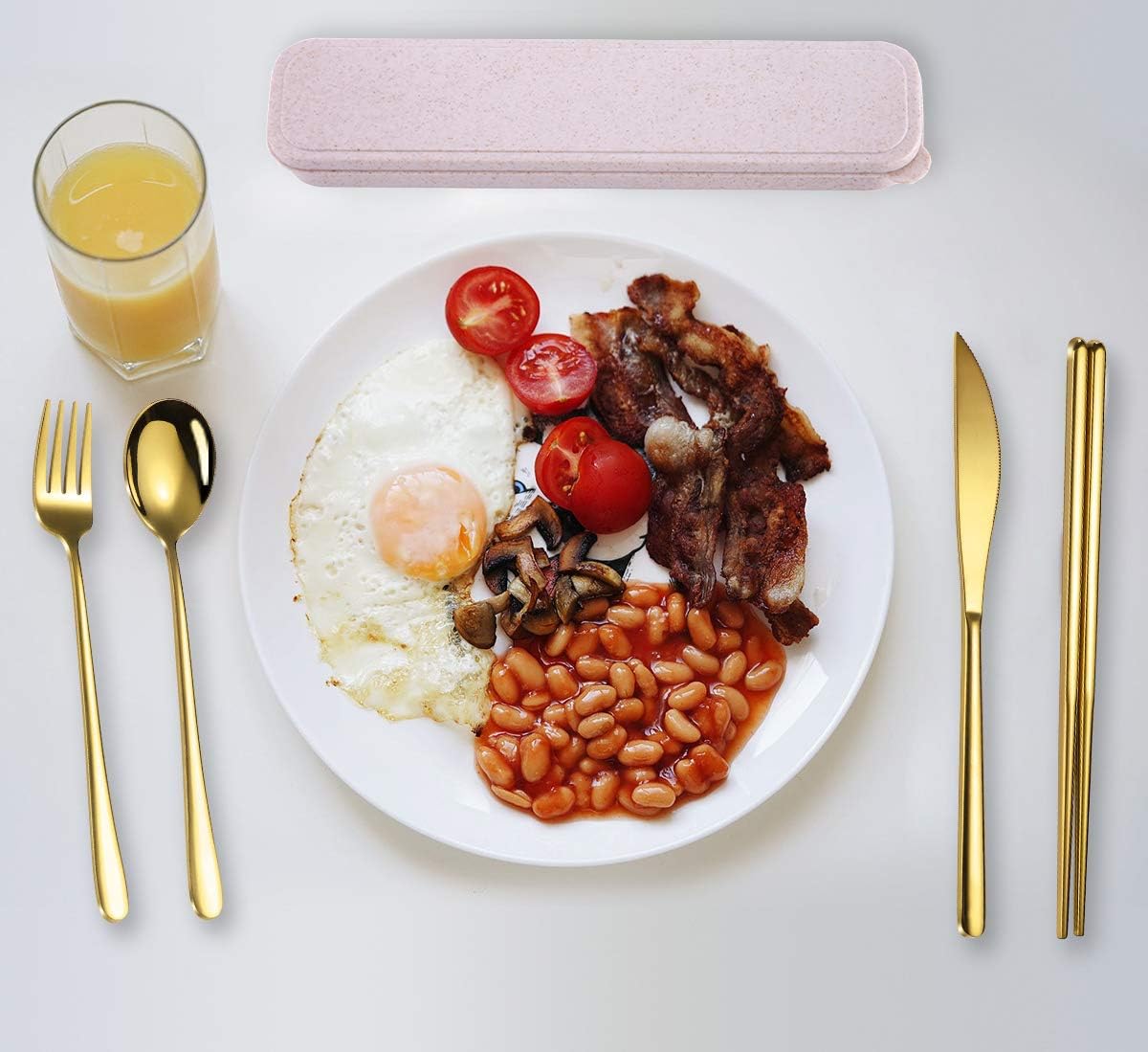 AARAINBOW 6 Pieces 18/8 Stainless Steel Flatware Set Portable Reusable Cutlery Set Travel Utensils Set Including Chopsticks Knife Fork Spoon Straws