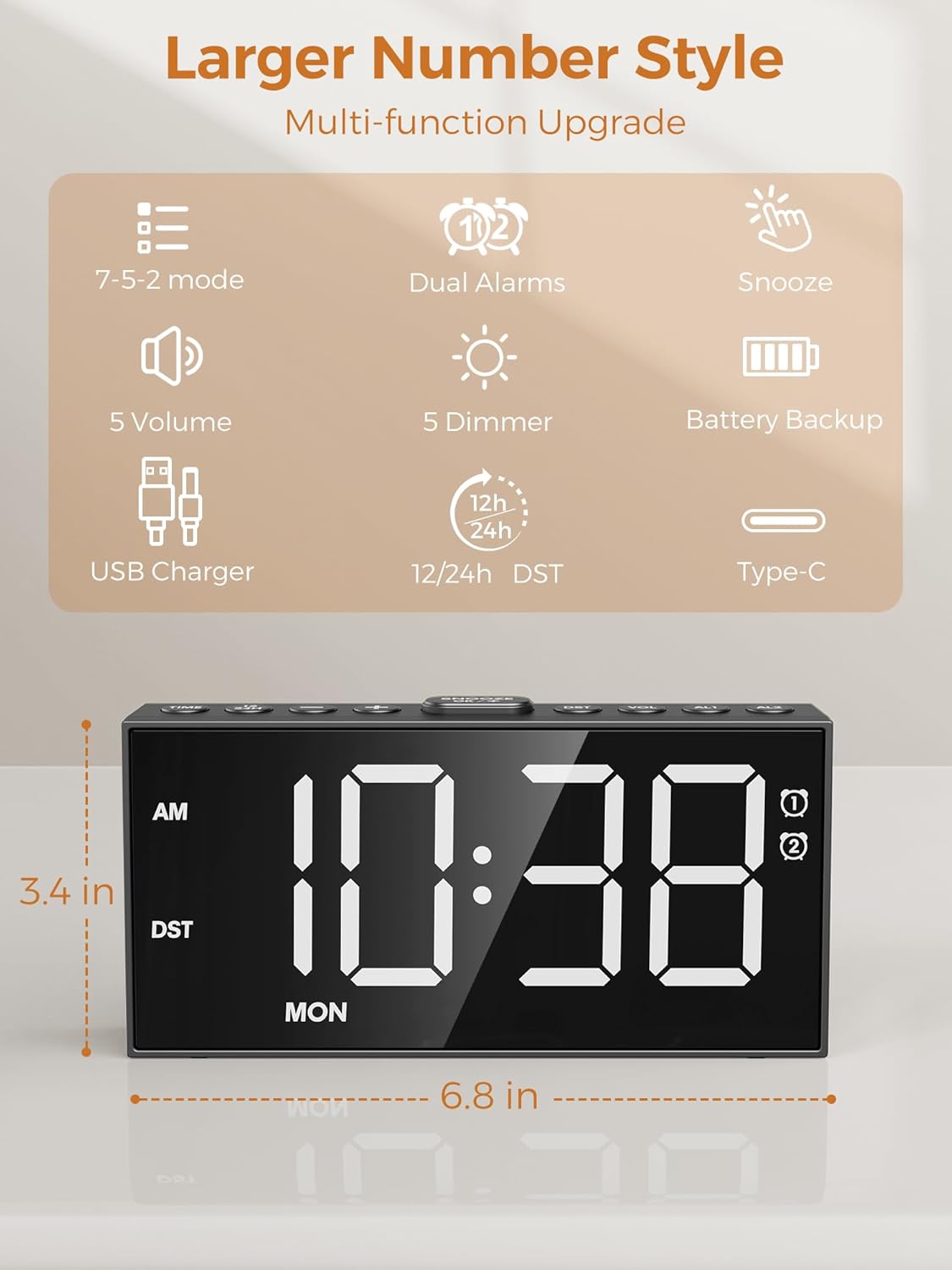 Digital Alarm Clocks for Bedrooms, Dual Alarms, 7.5-Inch Large Display