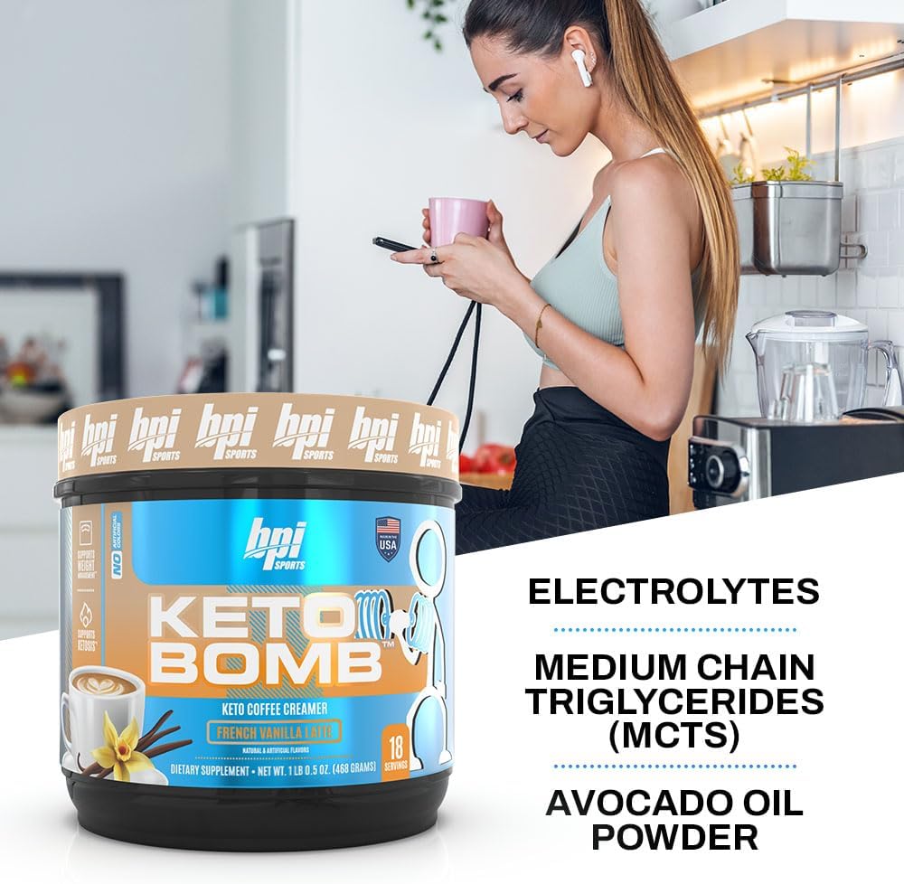 BPI Sports Keto Bomb Coffee Creamer - Supports Energy and Hydration - MCT and Electrolytes - with Calcium - Caramel Macchiato, 18 Servings