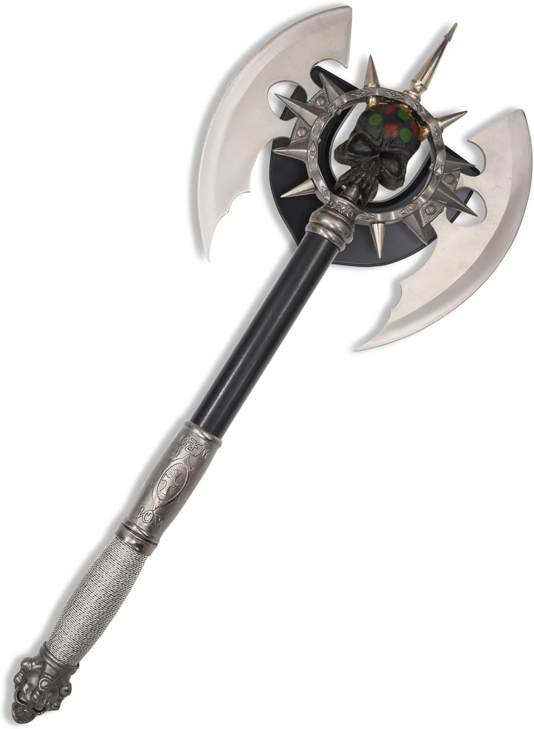 BladesUSA – Fantasy Axe – Full Size Fantasy Medieval Battle Axe, Dual Blades and 11 Steel Spikes Around Center Skull. Wire Wrapped Handle