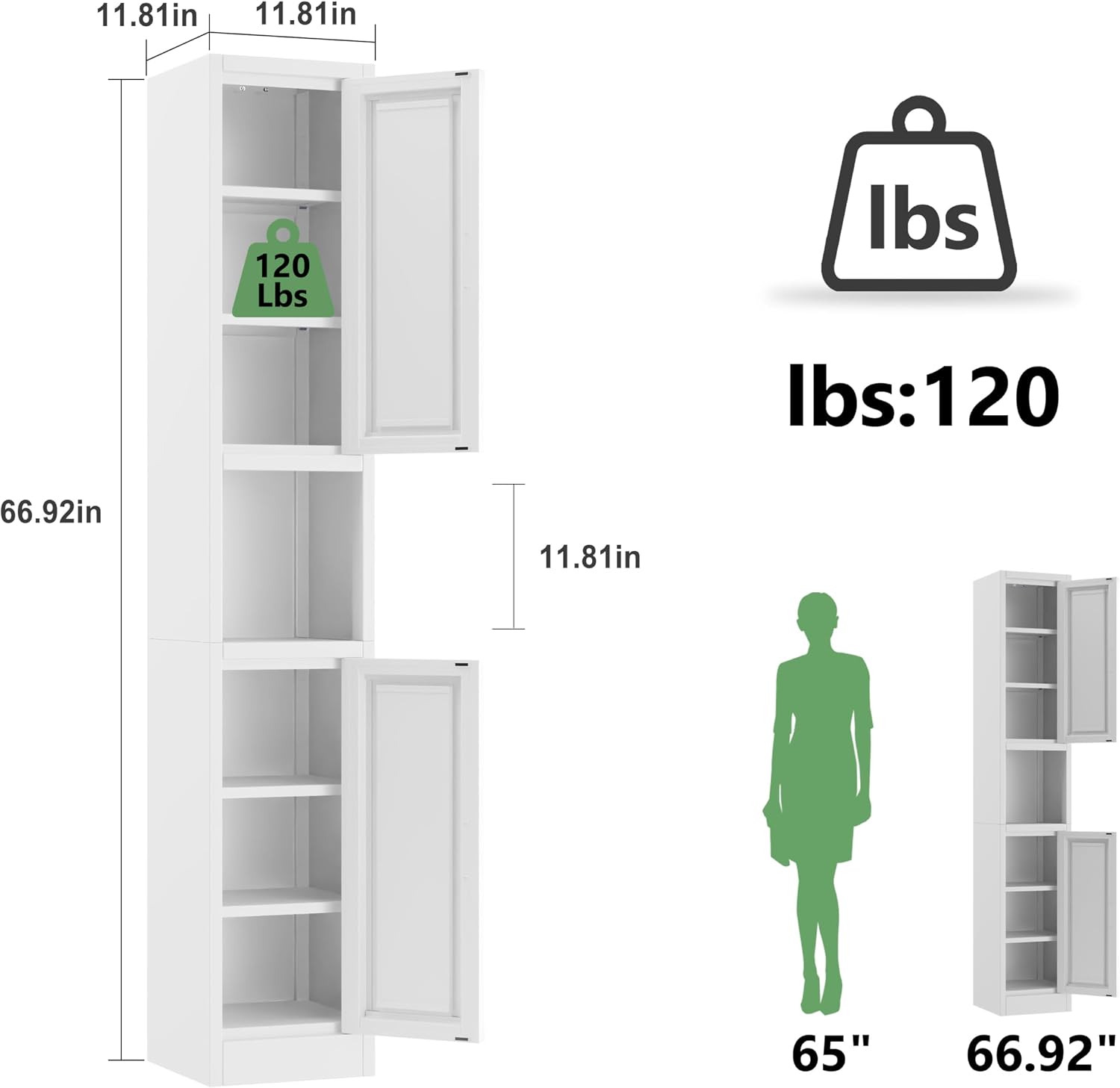 Ckzbx Tall Narrow Storage Cabinet 66.93" H Tall Bathroom Cabinet Metal Pantry Cabinets, 4 Adjustable Shelves for Kitchen, Home Office, Living Room, Dinning Room (20 inches Wide White)