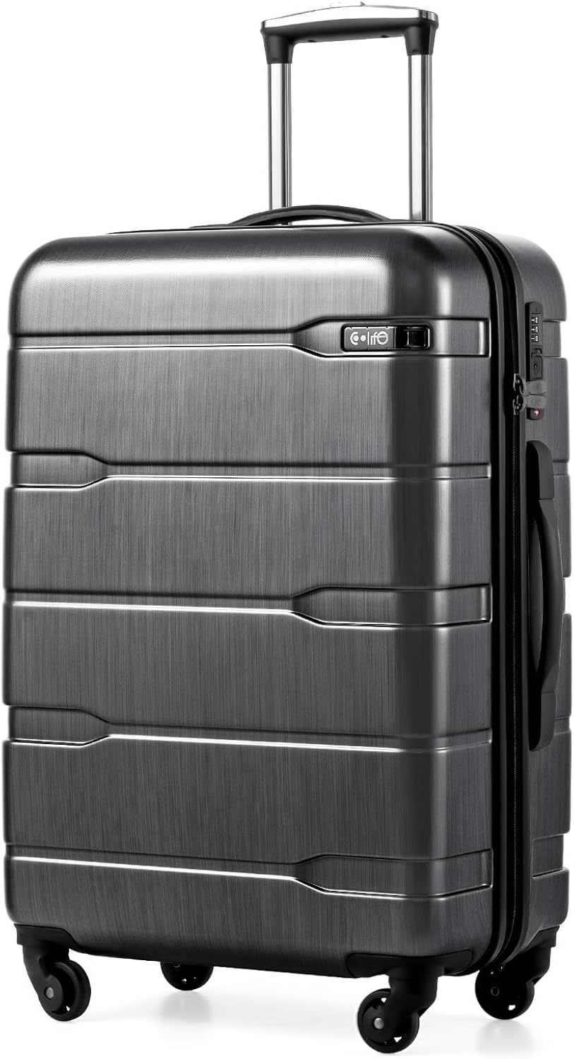 Coolife Medium Checked Luggage Hardside Suitcase with Spinner Wheels, 24in | Lightweight ABS+PC, Rolling Travel Suitcase with TSA Lock, Spinner Wheels, Durable Zipper, Charcoal