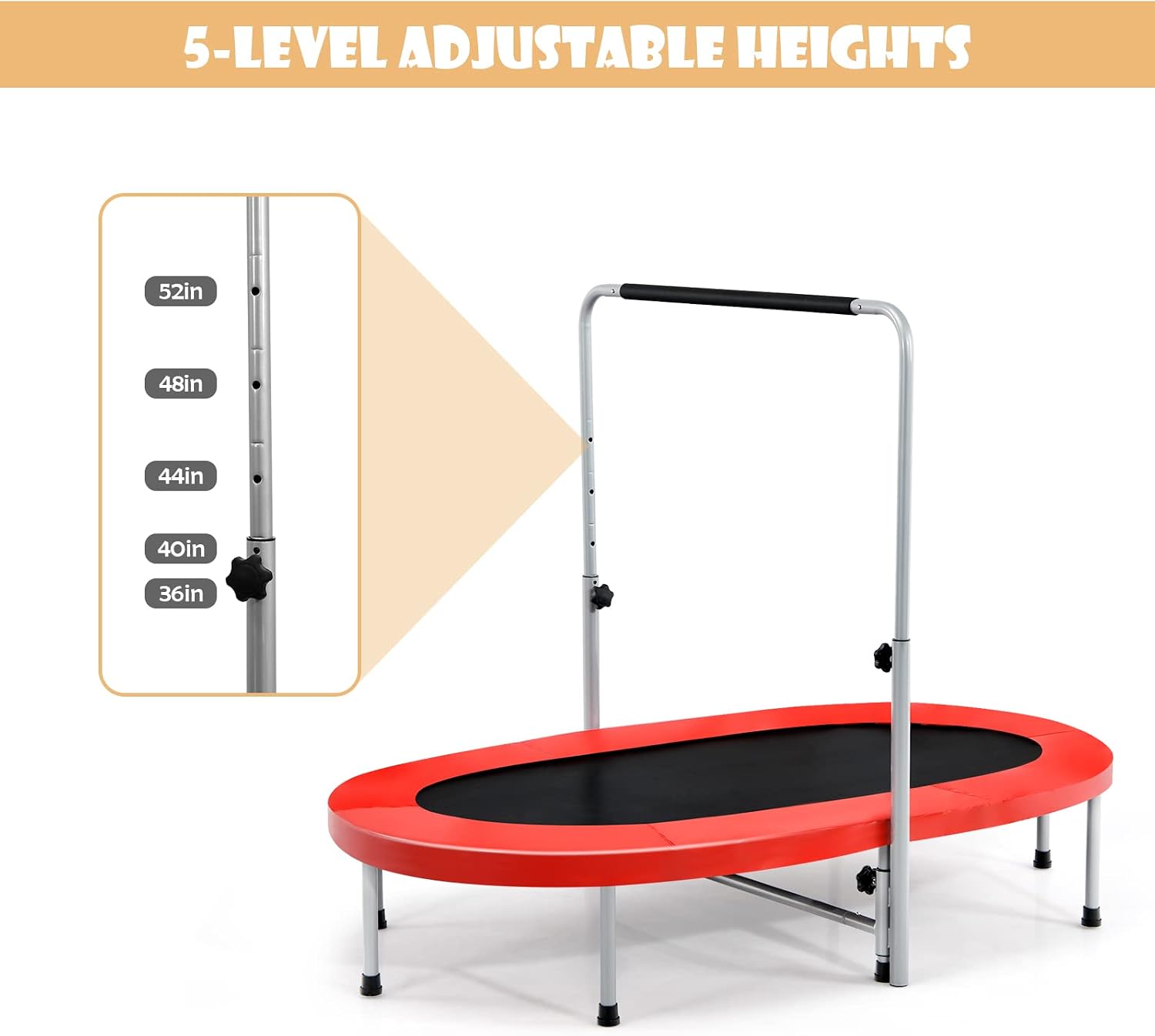 Giantex Mini Trampoline, 2 Persons Foldable Fitness Trampoline w/ 5 Levels Height Adjustable Handle, Max Load 330LBS
