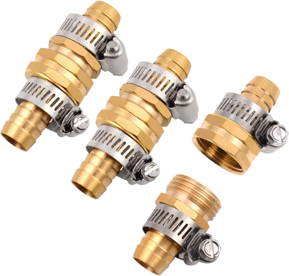 3Sets Solid Brass Thicken 5/8" Garden Heavy Duty Hose Mender Repair End Replacement Male Female Connector with Stainless Clamp