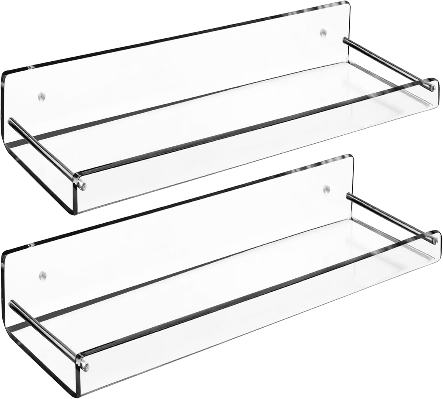 AMT 2 Pack Acrylic Floating Shelves, 15" L x 4" W, Clear Bathroom Wall, Bookshelves, Invisible Display for Office, Bedroom