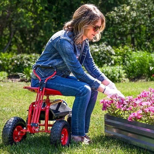 Sunnydaze Garden Seat with Wheels and Adjustable Handle, Red | Steel Rolling Gardening Seat with Utility Tray for Storage, Rotating, Swiveling Motion