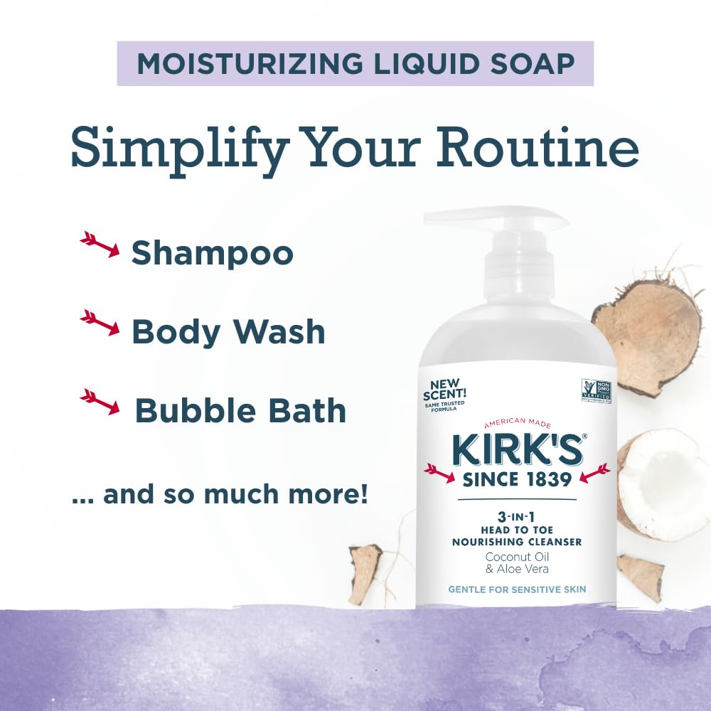 Kirk's Juniper & Lime​ 3-in-1 Nourishing Cleanser, Shampoo Body Wash Bubble Bath, Coconut Oil and Aloe Vera, Vegan Non-GMO, 32 Fl Oz