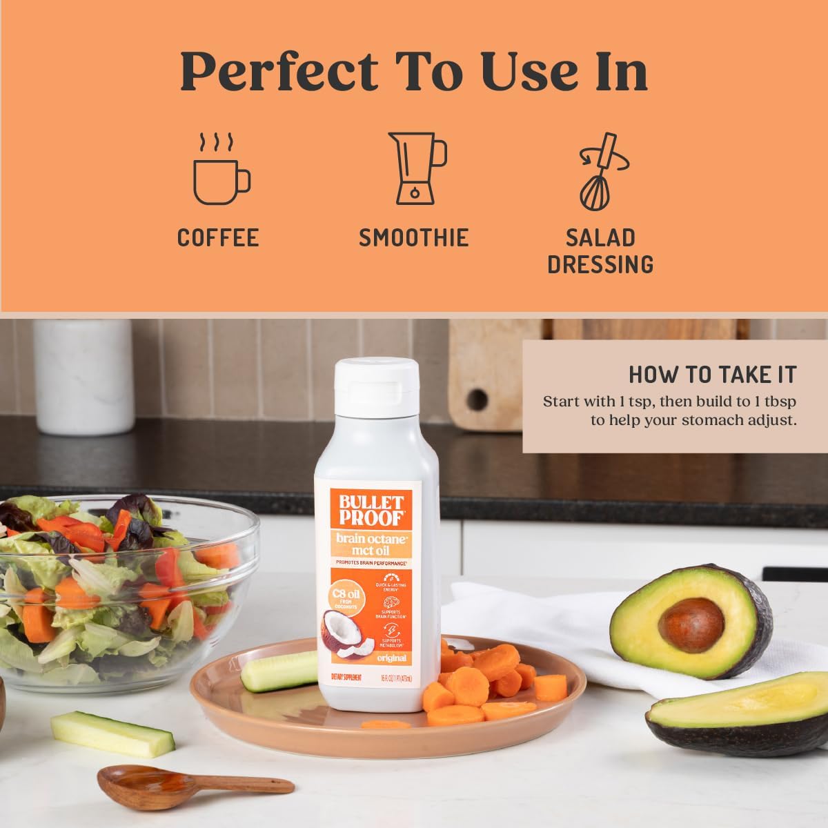 Bulletproof Brain Octane C8 MCT Oil, Non-GMO, 16 oz – 100% C8 from Coconut | 100% Pure Coconut Oil, Triple-Distilled Keto Energy Supplement for Coffee & Smoothies, Unflavored, No Additives, Non-GMO